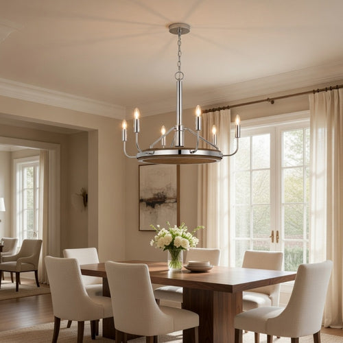 6-Light Candelabra Chandelier with LED, Chrome and Oak Wood, 26 Inch - BM351659