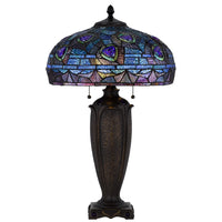 Table Lamp with Pull Chain, Blue Tiffany Stained Glass, 26 Inch Dark Bronze - BM351660