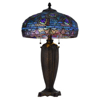 Table Lamp with Pull Chain, Blue Tiffany Stained Glass, 26 Inch Dark Bronze - BM351660