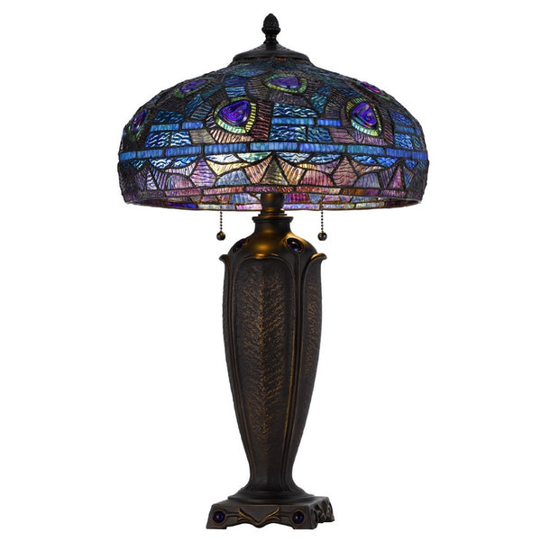 Table Lamp with Pull Chain, Blue Tiffany Stained Glass, 26 Inch Dark Bronze - BM351660