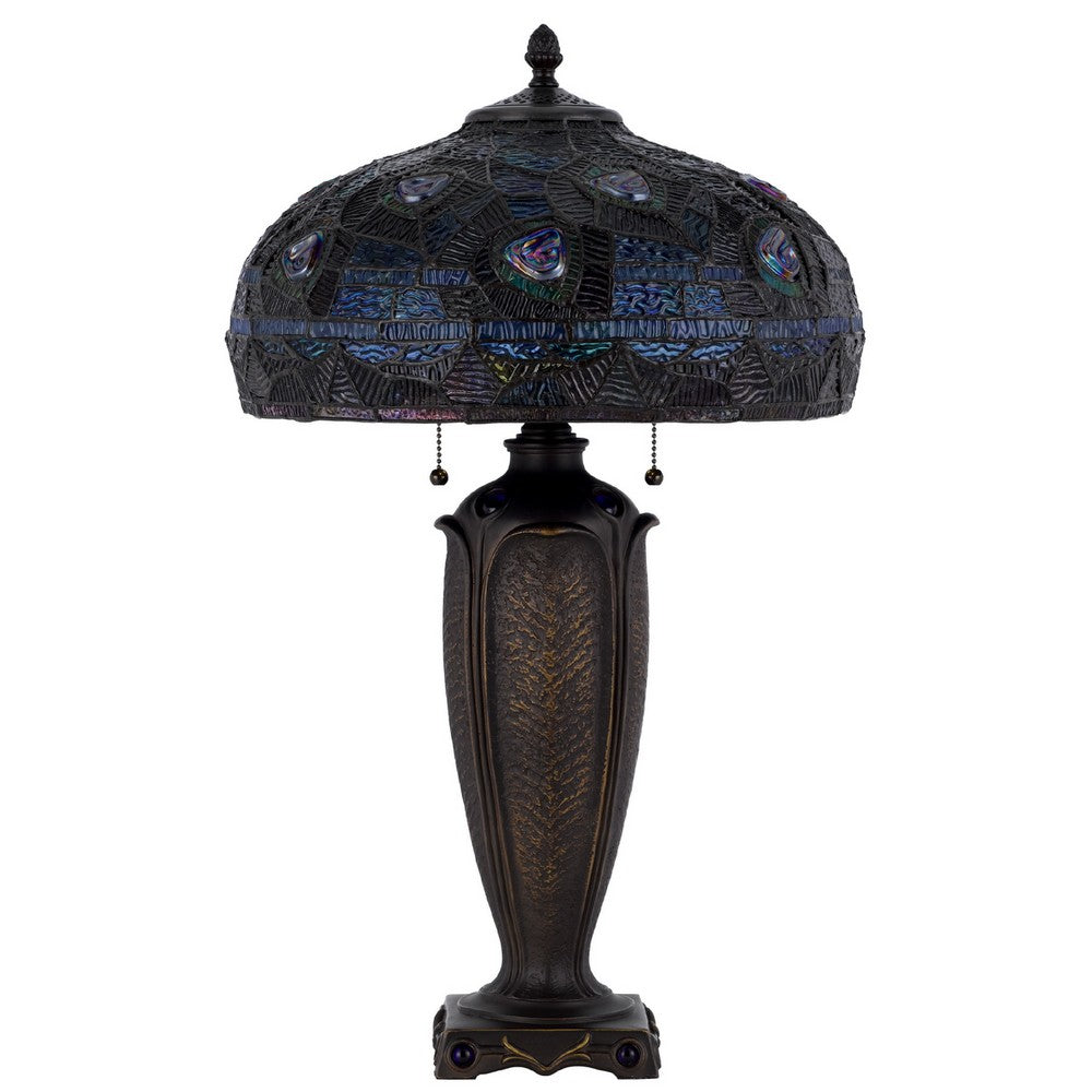 Table Lamp with Pull Chain, Blue Tiffany Stained Glass, 26 Inch Dark Bronze - BM351660