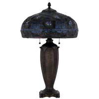 Table Lamp with Pull Chain, Blue Tiffany Stained Glass, 26 Inch Dark Bronze - BM351660