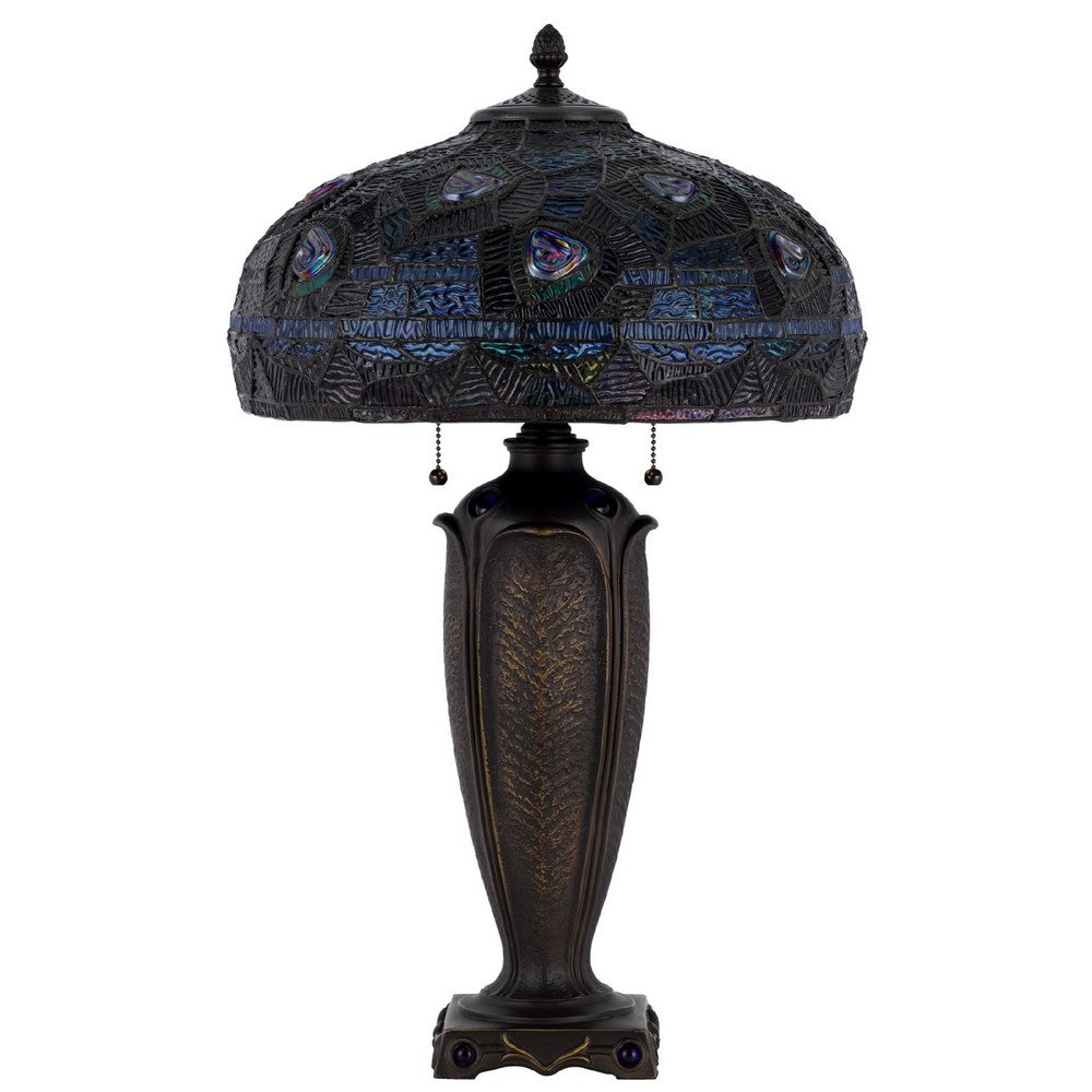 Table Lamp with Pull Chain, Blue Tiffany Stained Glass, 26 Inch Dark Bronze - BM351660