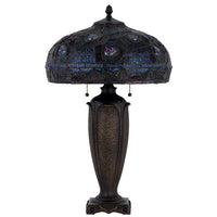 Table Lamp with Pull Chain, Blue Tiffany Stained Glass, 26 Inch Dark Bronze - BM351660