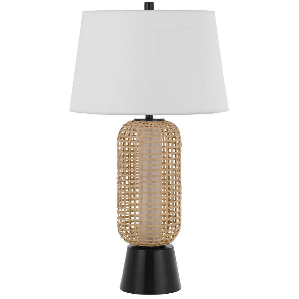 Table Lamp with LED Light, White Shade, Modern Brown Wicker, 30 Inch - BM351661