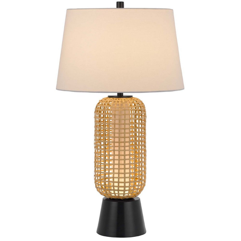 Table Lamp with LED Light, White Shade, Modern Brown Wicker, 30 Inch - BM351661