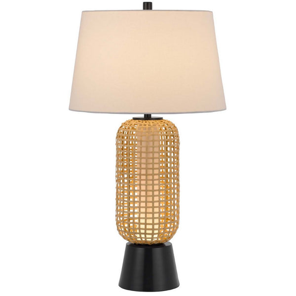 Table Lamp with LED Light, White Shade, Modern Brown Wicker, 30 Inch - BM351661