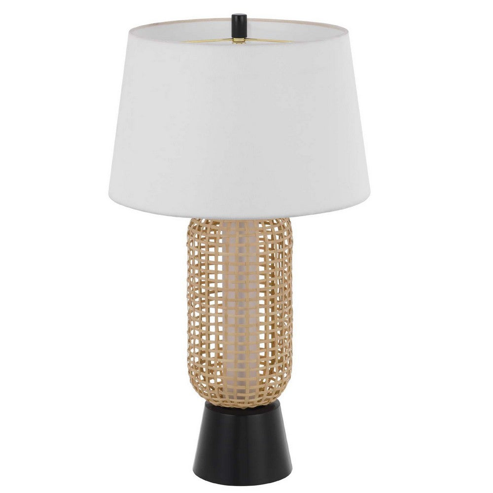 Table Lamp with LED Light, White Shade, Modern Brown Wicker, 30 Inch - BM351661