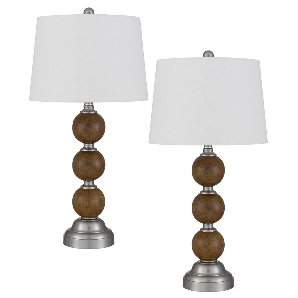 Table Lamp Set of 2, Off White Shade, Stacked Bead Base, 28in Brushed Steel - BM351663