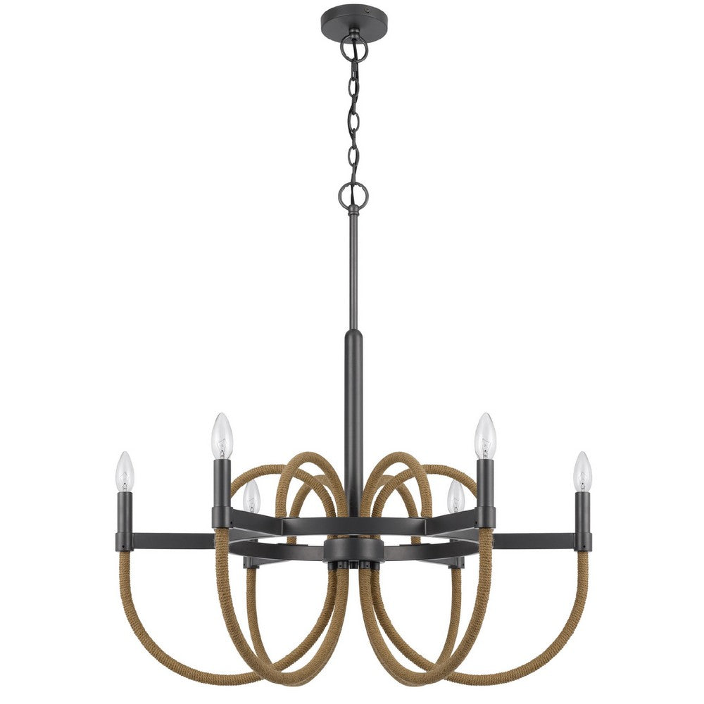 6-Light Candelabra Chandelier with Burlap Rope, Black Metal, 31 Inch - BM351664