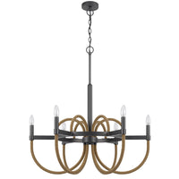 6-Light Candelabra Chandelier with Burlap Rope, Black Metal, 31 Inch - BM351664