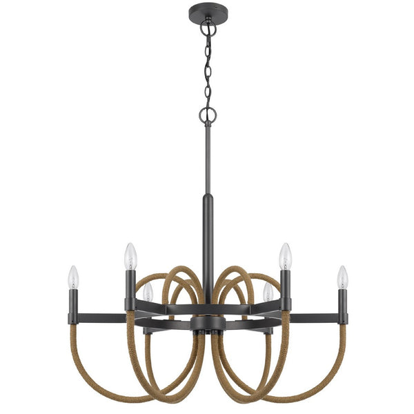 6-Light Candelabra Chandelier with Burlap Rope, Black Metal, 31 Inch - BM351664