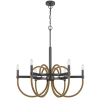 6-Light Candelabra Chandelier with Burlap Rope, Black Metal, 31 Inch - BM351664