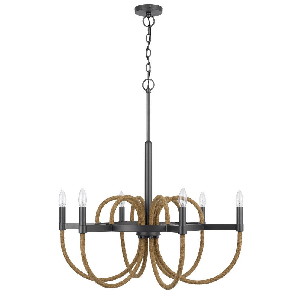 6-Light Candelabra Chandelier with Burlap Rope, Black Metal, 31 Inch - BM351664