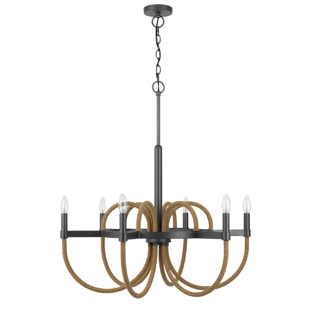 6-Light Candelabra Chandelier with Burlap Rope, Black Metal, 31 Inch - BM351664
