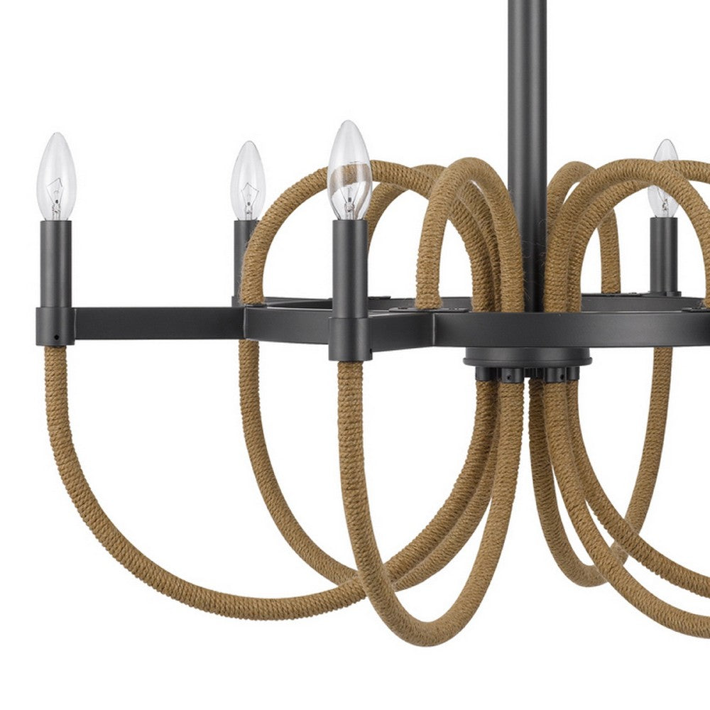 6-Light Candelabra Chandelier with Burlap Rope, Black Metal, 31 Inch - BM351664