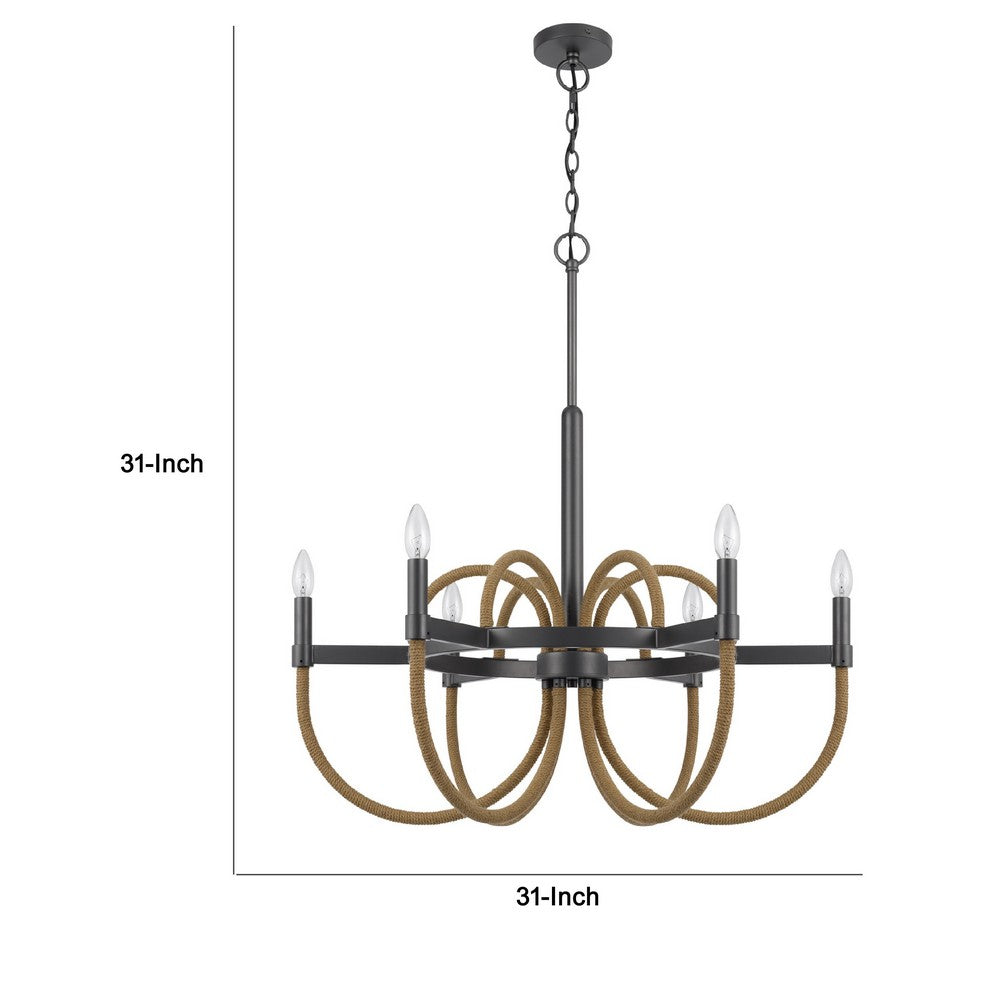 6-Light Candelabra Chandelier with Burlap Rope, Black Metal, 31 Inch - BM351664