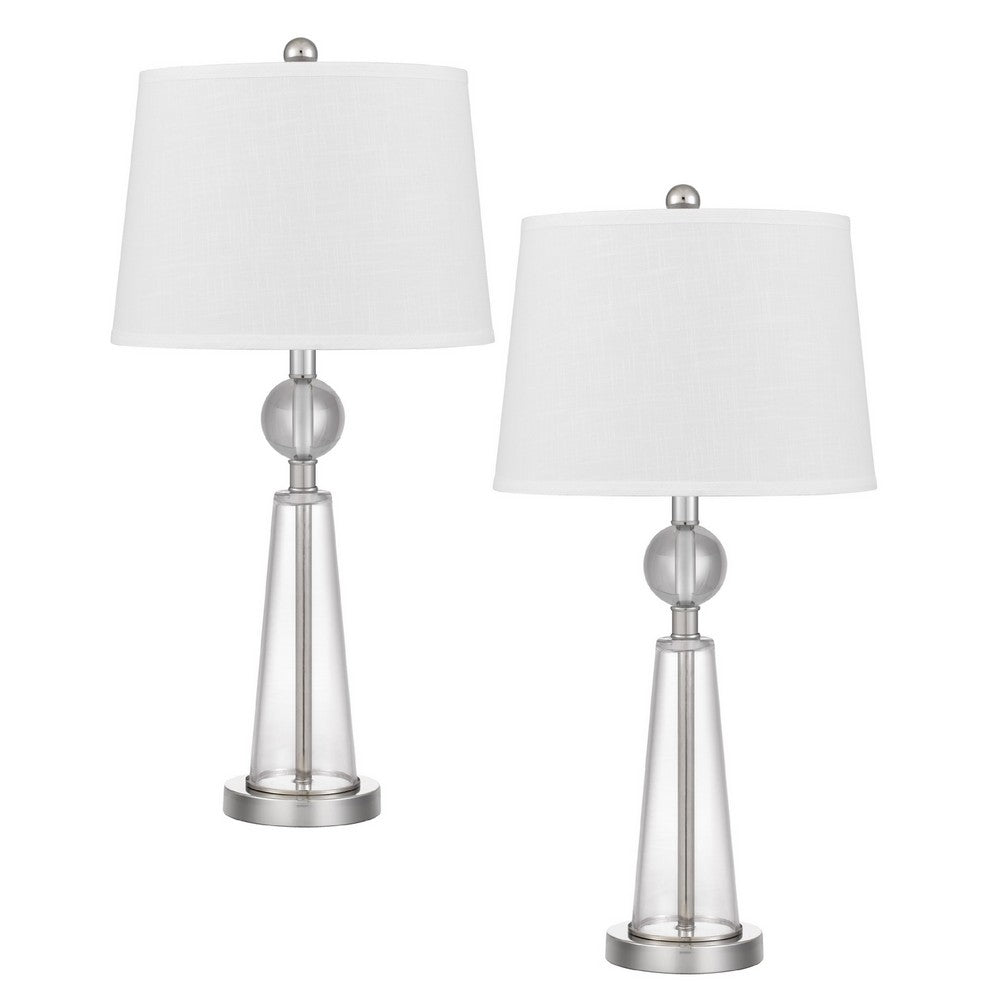 Table Lamp Set of 2, Off White Shade, Taper Glass Base, Brushed Steel - BM351665