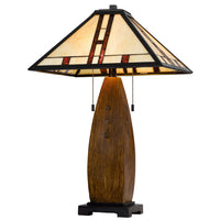 Table Lamp with Pull Chain, Tiffany Stained Glass Shade, 26 Inch Brown - BM351669