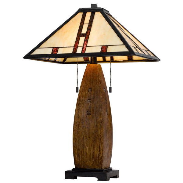 Table Lamp with Pull Chain, Tiffany Stained Glass Shade, 26 Inch Brown - BM351669