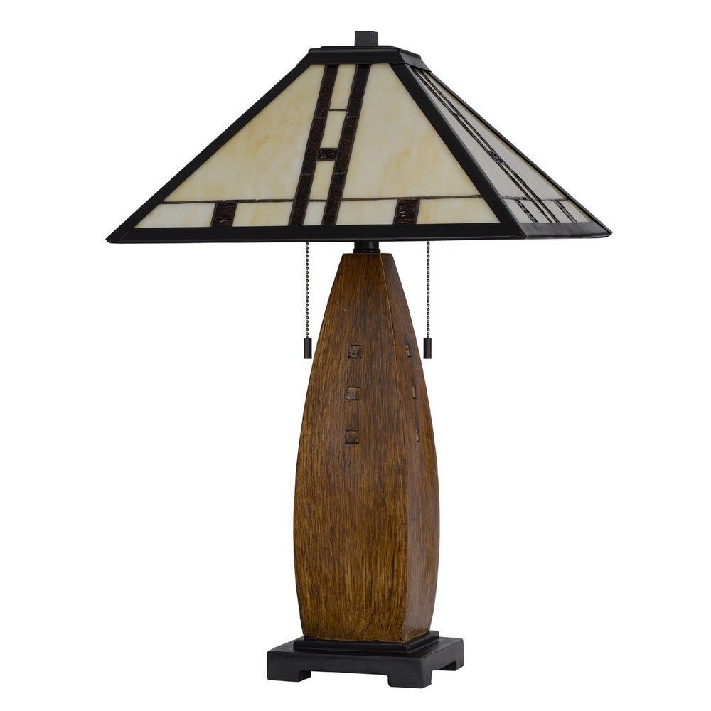 Table Lamp with Pull Chain, Tiffany Stained Glass Shade, 26 Inch Brown - BM351669