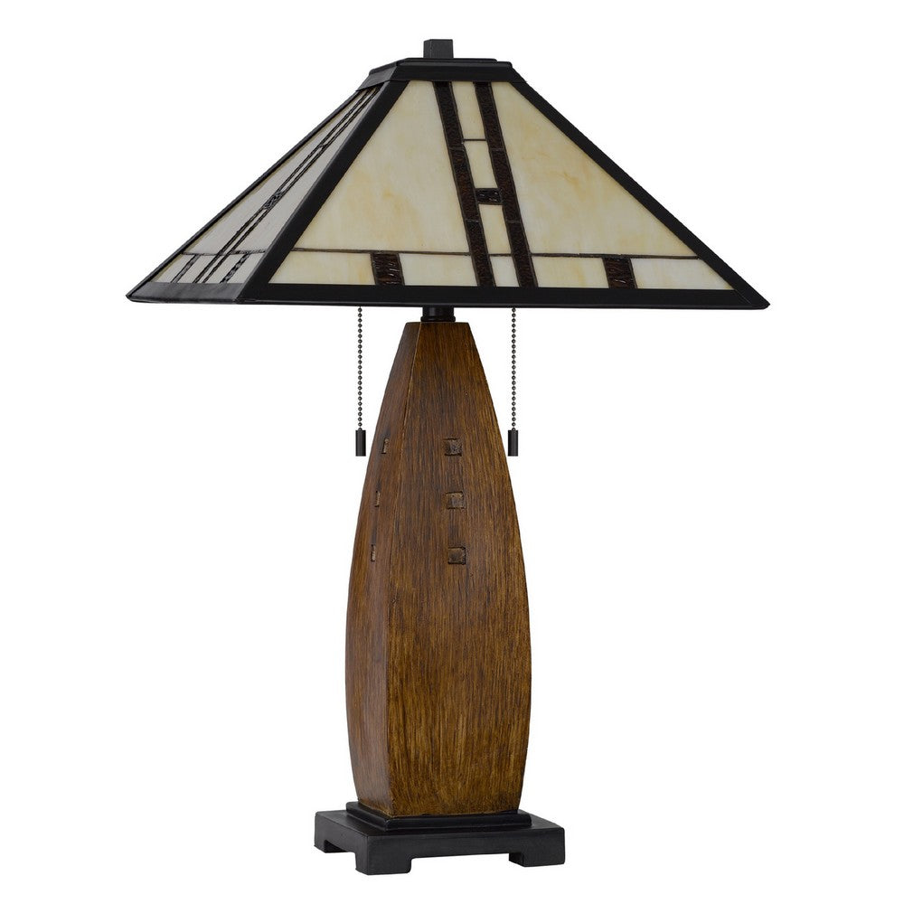 Table Lamp with Pull Chain, Tiffany Stained Glass Shade, 26 Inch Brown - BM351669