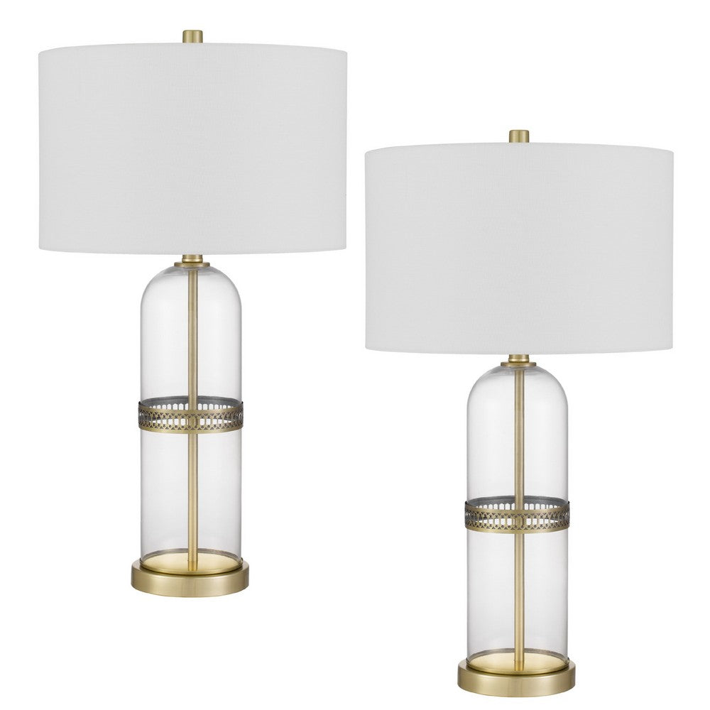 Table Lamp Set of 2, Glass Dome  Body, Off White Shade, Antique Brass - BM351670