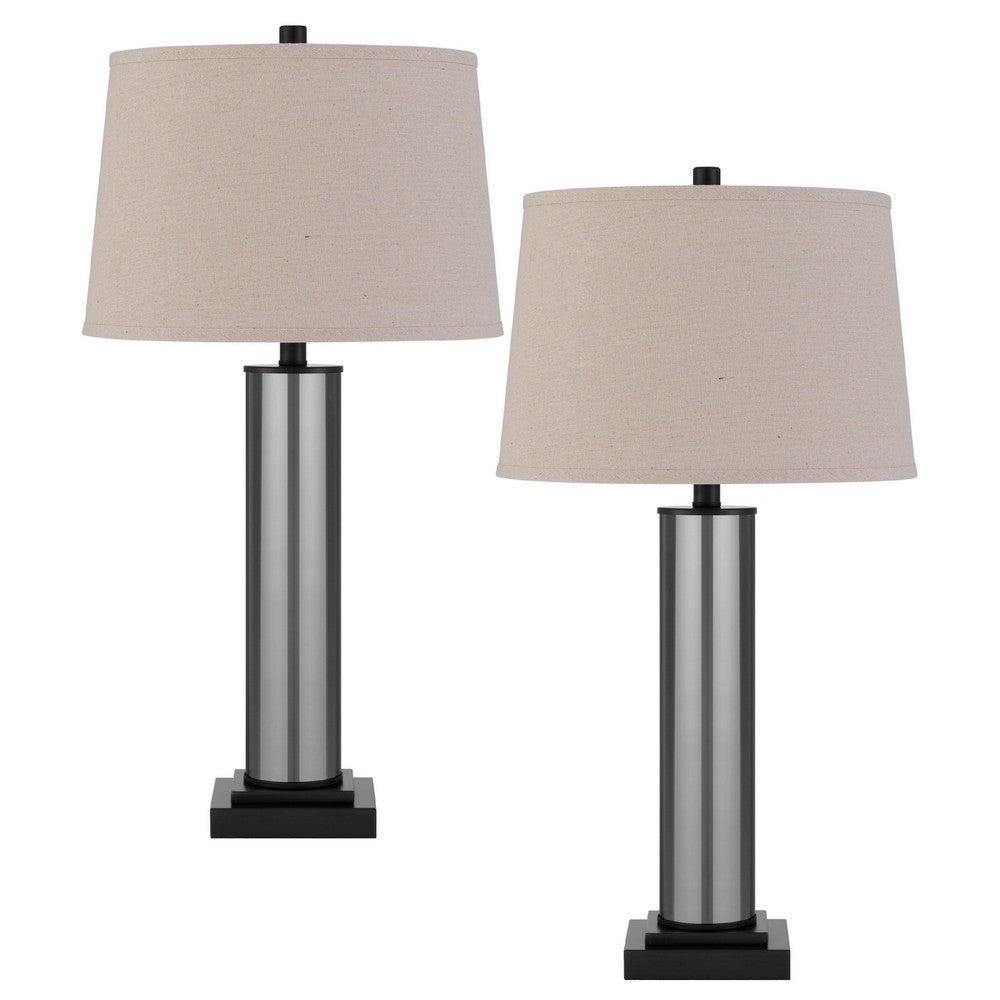 Table Lamp Set of 2, Beige Drum Shade, Black Glass Pedestal Base - BM351671