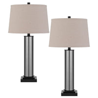 Table Lamp Set of 2, Beige Drum Shade, Black Glass Pedestal Base - BM351671