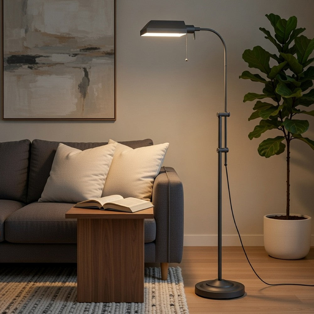 Arc Floor Lamp with Pull Chain, 42-58 Inch Adjustable Pole, Gray Metal - BM351672