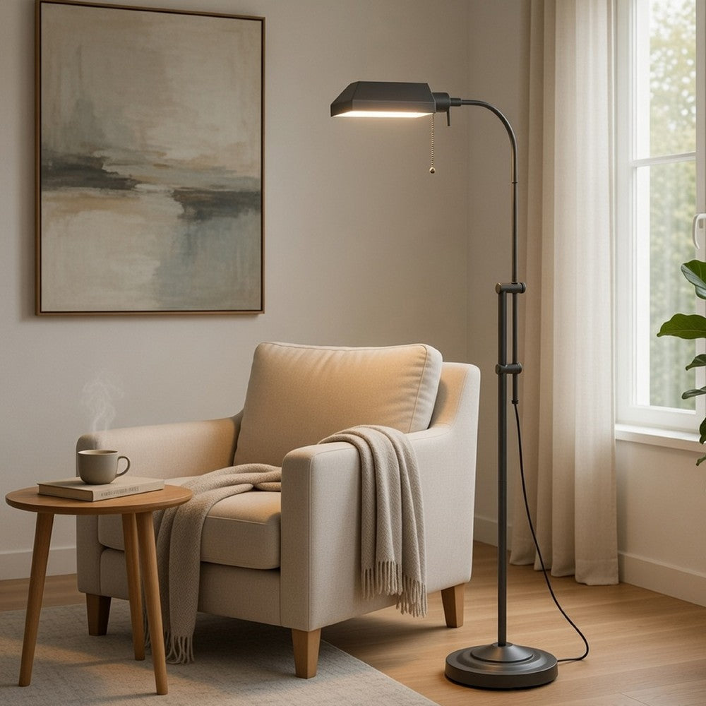 Arc Floor Lamp with Pull Chain, 42-58 Inch Adjustable Pole, Gray Metal - BM351672