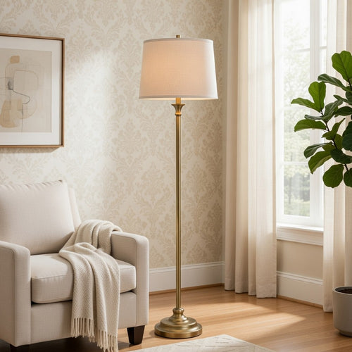 Floor Lamp with Light Gray Hardback Linen Shade, 61 Inch Antique Brass - BM351675