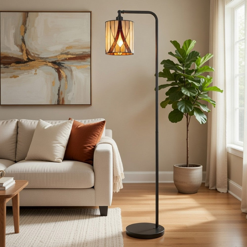 Tiffany Glass Floor Lamp with Adjustable Head, 58 Inch Black, Natural Tones - BM351676