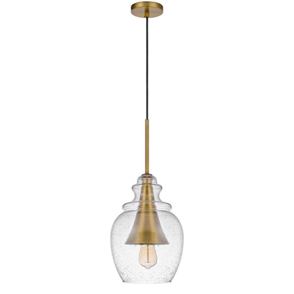 Pendant Light, Seeded Jar Glass Shade, Antique Brass Cone Center Accent - BM351678
