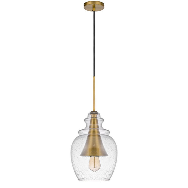 Pendant Light, Seeded Jar Glass Shade, Antique Brass Cone Center Accent - BM351678