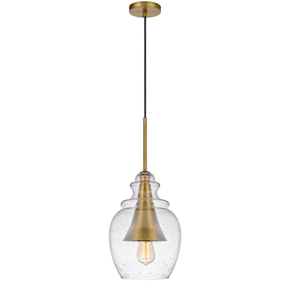 Pendant Light, Seeded Jar Glass Shade, Antique Brass Cone Center Accent - BM351678