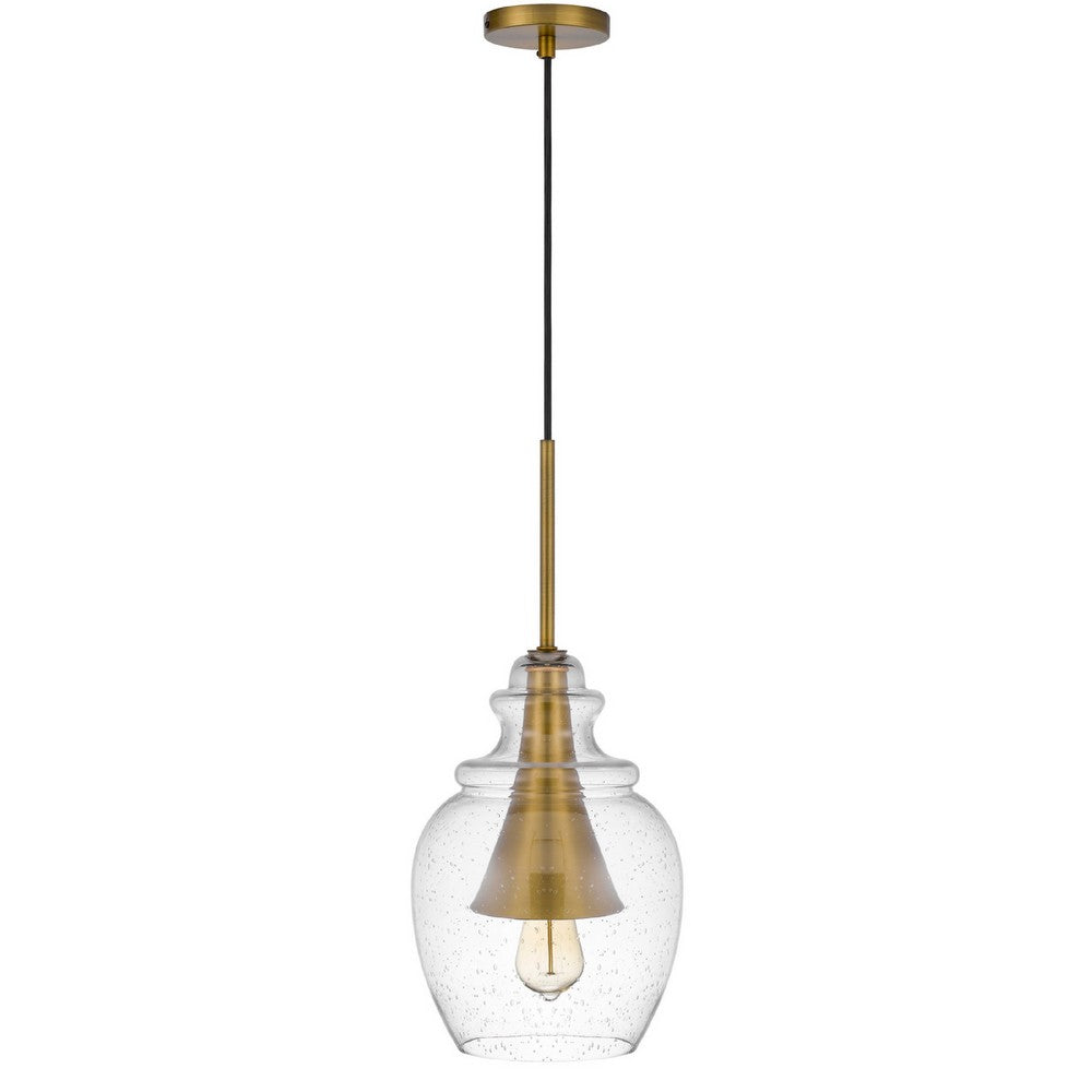 Pendant Light, Seeded Jar Glass Shade, Antique Brass Cone Center Accent - BM351678