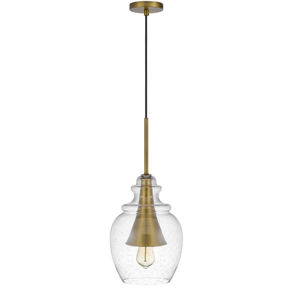 Pendant Light, Seeded Jar Glass Shade, Antique Brass Cone Center Accent - BM351678
