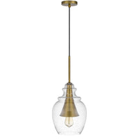 Pendant Light, Seeded Jar Glass Shade, Antique Brass Cone Center Accent - BM351678