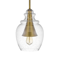 Pendant Light, Seeded Jar Glass Shade, Antique Brass Cone Center Accent - BM351678