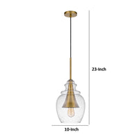 Pendant Light, Seeded Jar Glass Shade, Antique Brass Cone Center Accent - BM351678