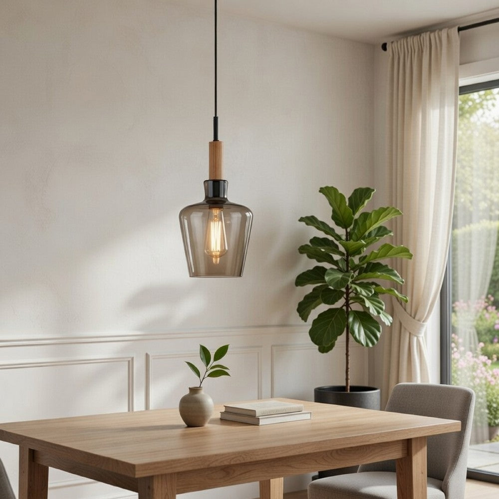 Pendant Light, Seeded Jar Glass Shade, Antique Brass Cone Center Accent - BM351678