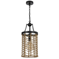 Pendant Light, Cylindric Caged Body with Braided Burlap Rope, Black Metal - BM351679