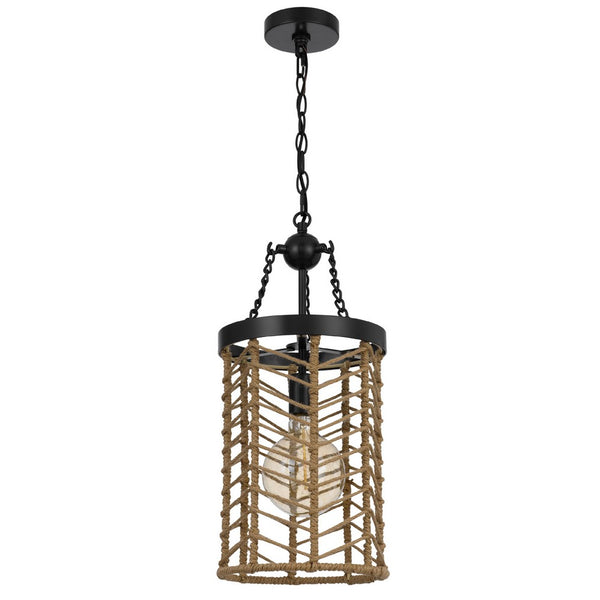 Pendant Light, Cylindric Caged Body with Braided Burlap Rope, Black Metal - BM351679