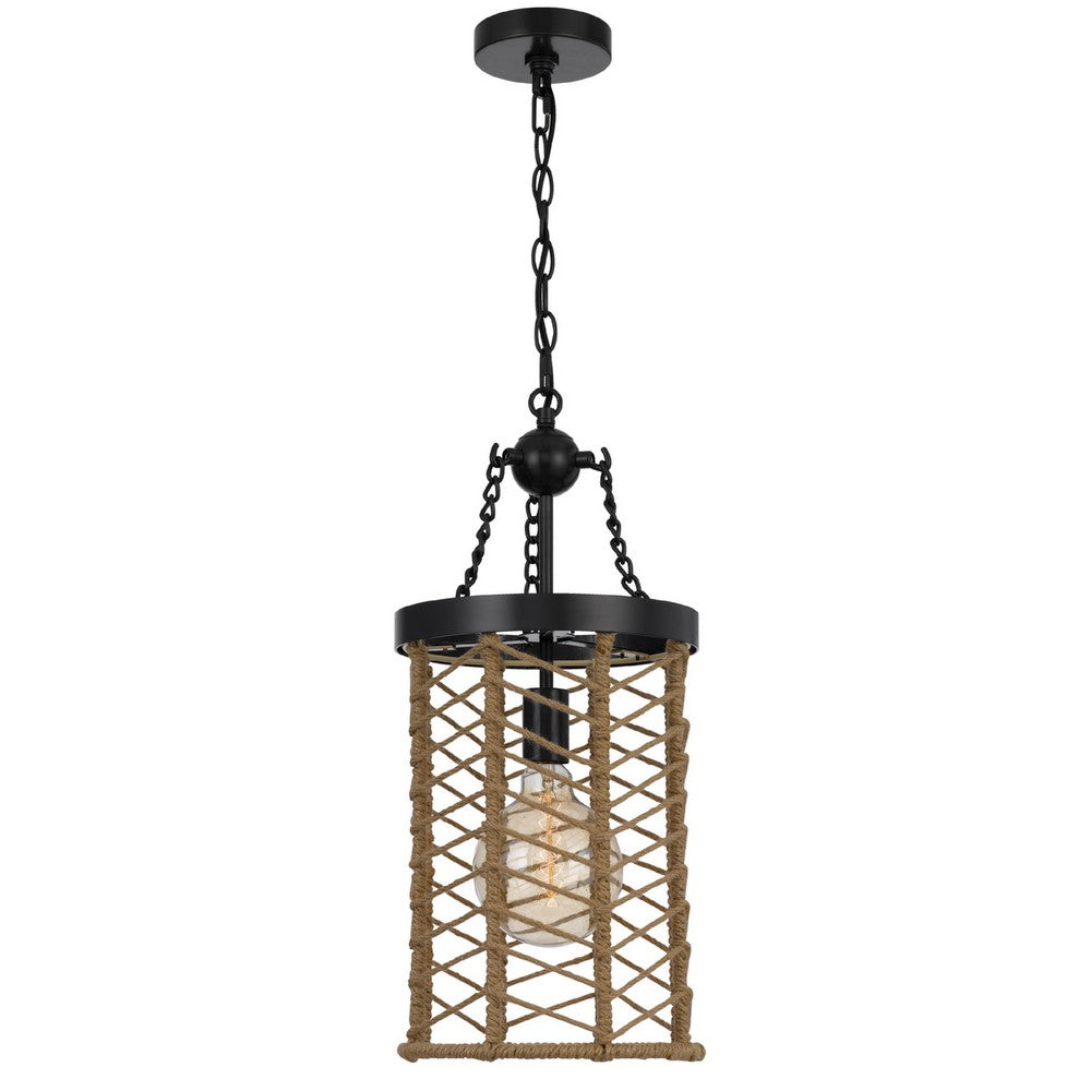 Pendant Light, Cylindric Caged Body with Braided Burlap Rope, Black Metal - BM351679