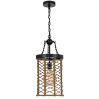 Pendant Light, Cylindric Caged Body with Braided Burlap Rope, Black Metal - BM351679