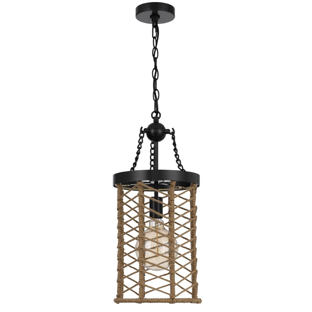 Pendant Light, Cylindric Caged Body with Braided Burlap Rope, Black Metal - BM351679