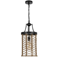 Pendant Light, Cylindric Caged Body with Braided Burlap Rope, Black Metal - BM351679