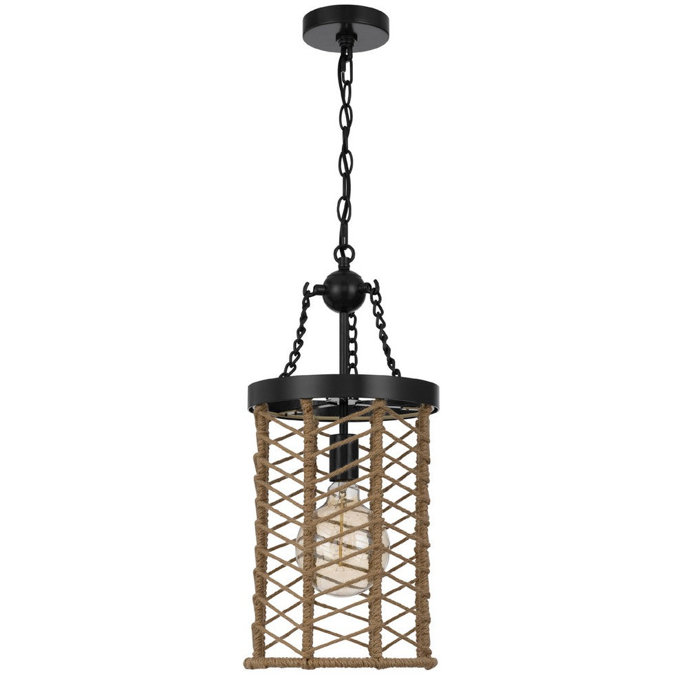 Pendant Light, Cylindric Caged Body with Braided Burlap Rope, Black Metal - BM351679