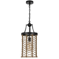 Pendant Light, Cylindric Caged Body with Braided Burlap Rope, Black Metal - BM351679
